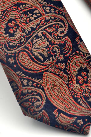 Kahverengi Şal Desenli Lacivert Dokuma Kumaş Mendilli Slim Fit Kravat // SDK-2607-5
