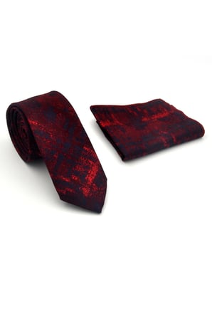 Lacivert Kırmızı Desenli Bordo Dokuma Kumaş Mendilli Slim Fit Kravat // SDK-2608-4