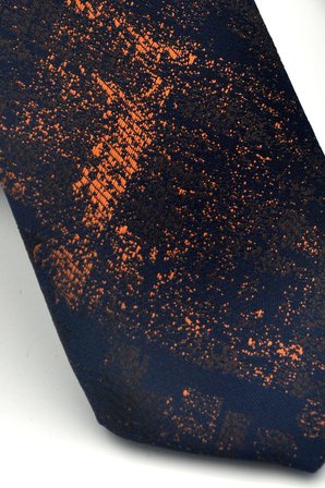 Bej Kahverengi Desenli Lacivert Dokuma Kumaş Mendilli Slim Fit Kravat // SDK-2608-6