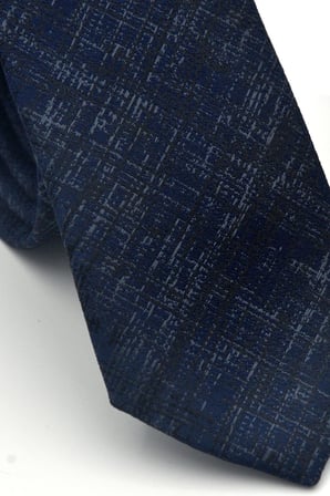 Mavi Kırcıl Desenli Lacivert Dokuma Kumaş Mendilli Slim Fit Kravat // SDK-2610-2