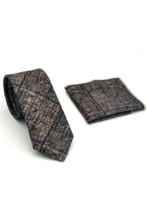 Lacivert Bej Kırcıl Desenli Gri Dokuma Kumaş Mendilli Slim Fit Kravat // SDK-2610-3