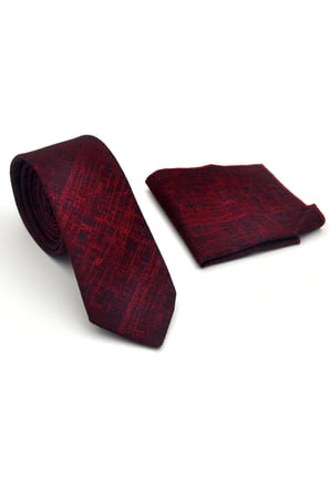 Lacivert Kırcıl Desenli Bordo Dokuma Kumaş Mendilli Slim Fit Kravat // SDK-2610-4