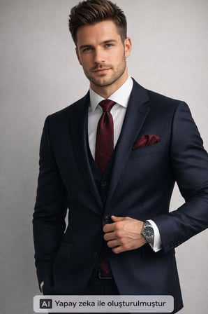 Lacivert Kırcıl Desenli Bordo Dokuma Kumaş Mendilli Slim Fit Kravat // SDK-2610-4