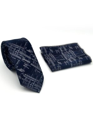 Gri Kırcıl Desenli Lacivert Dokuma Kumaş Mendilli Slim Fit Kravat // SDK-2611-2