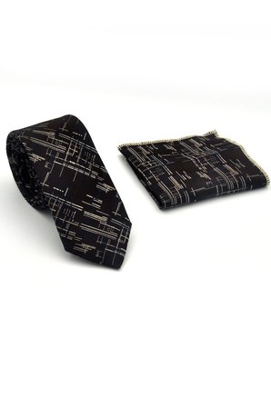 Bej Lacivert Kırcıl Desenli Kahverengi Dokuma Kumaş Mendilli Slim Fit Kravat // SDK-2611-5