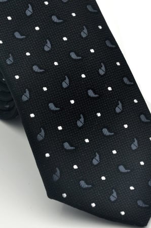 Beyaz Füme Desenli Siyah Dokuma Kumaş Mendilli Slim Fit Kravat // SDK-2612-1