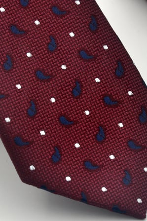 Beyaz Lacivert Desenli Bordo Dokuma Kumaş Mendilli Slim Fit Kravat // SDK-2612-4