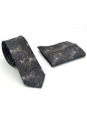 Gri Desenli Füme Dokuma Kumaş Mendilli Slim Fit Kravat // SDK-2613-3