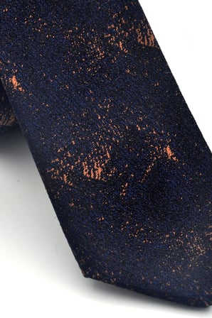 Kahverengi Desenli Lacivert Dokuma Kumaş Mendilli Slim Fit Kravat // SDK-2613-5