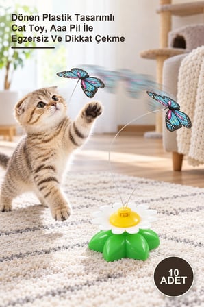 10 Adet Hareketli Pilli Kelebek Kedi Oyuncağı – Dönen Plastik Tasarımlı Cat Toy, Aaa Pil İle Egzersiz Ve Dikkat Çekme