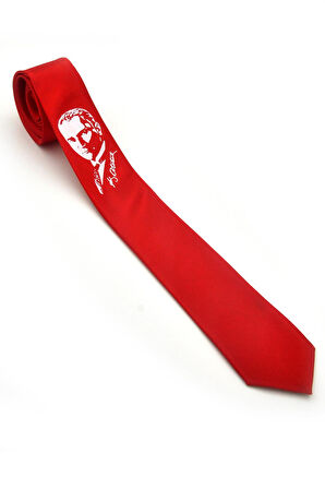 Atatürk Portre ve İmza Baskılı Slim Fit Saten Kırmızı Kravat - AK-08