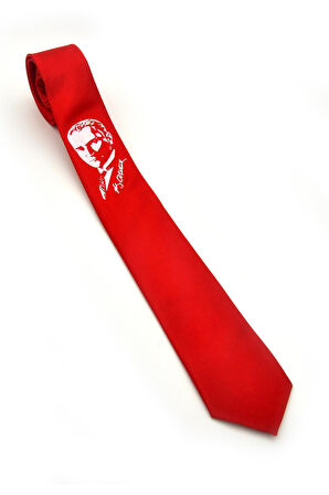 Atatürk Portre ve İmza Baskılı Slim Fit Saten Kırmızı Kravat - AK-08