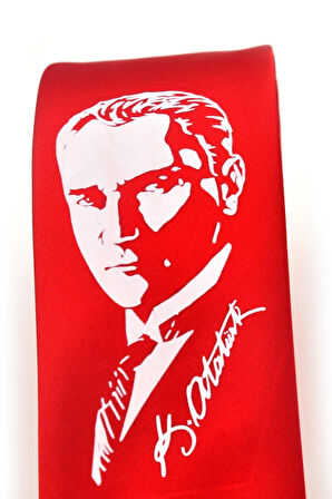 Atatürk Portre ve İmza Baskılı Slim Fit Saten Kırmızı Kravat - AK-08