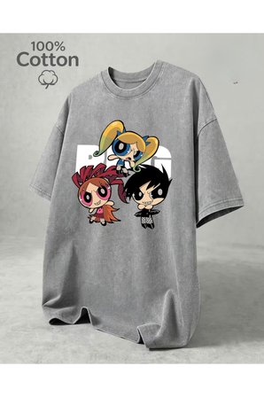 Retro PowerPuf Girls Baskılı Yıkamalı Vintage Unisex Oversize T-Shirt