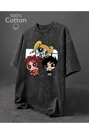 Retro PowerPuf Girls Baskılı Yıkamalı Vintage Unisex Oversize T-Shirt
