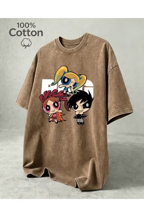 Retro PowerPuf Girls Baskılı Yıkamalı Vintage Unisex Oversize T-Shirt