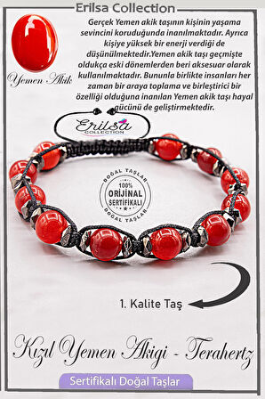 Sertifikalı AAA+ Kalite Gerçek Terahertz - Kızıl Yemen Akik Taşı Bileklik - Yemen