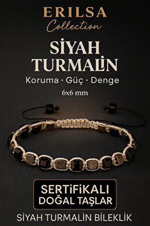 Sertifikalı Doğal Terahertz - Siyah Turmalin Taşı Bileklik 6x6 mm - Koruma ve Denge Taşı