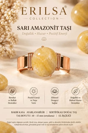Sertifikalı Sarı Amazonit Taşı Doğal Taş Yüzük Bakır Kasa Ayarlanabilir