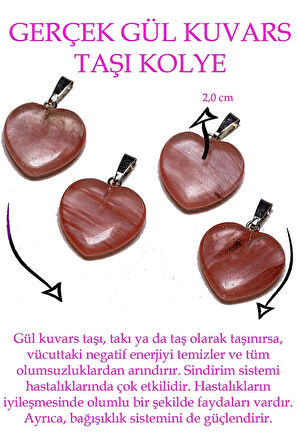 Sertifikalı Kalp Kesim Gül Kuvars Taşı Kolye