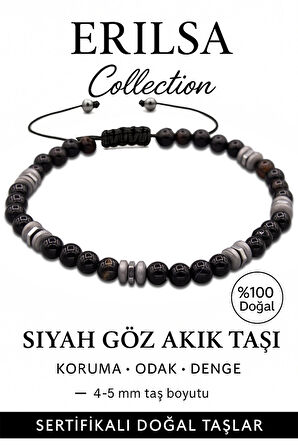 Sertifikalı Terahertz – Siyah Göz Akiği Taşı Bileklik (İnce Model) – Nazar Koruması, Odak ve İçsel Güç Taşı