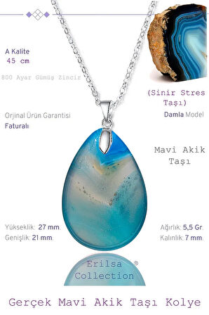 Sertifikalı Damla Model Mavi Akik Taşı Kolye (GÜMÜŞ APARATLI)