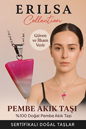 Sertifikalı Piramit Model Pembe Akik Taşı Kolye Güven ve İlham Veren Doğal Taş