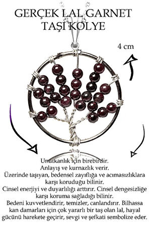 Sertifikalı Ham Lal Garnet Granat Taşı Hayat Ağacı Kolye