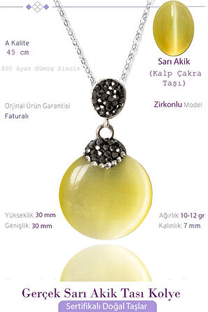 Sertifikalı Zirkon Taşlı Sarı Akik Taşı Kolye