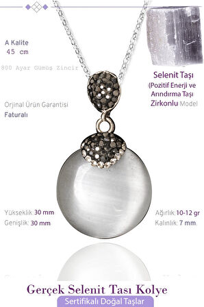 Sertifikalı Zirkon Model Taşlı Yuvarlak Selenit Taşı Kolye