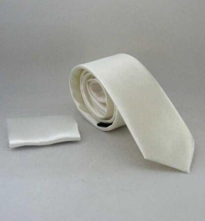 Krem Slim Fit (ince) Düz Renk Mendilli Saten Kravat - SS-33