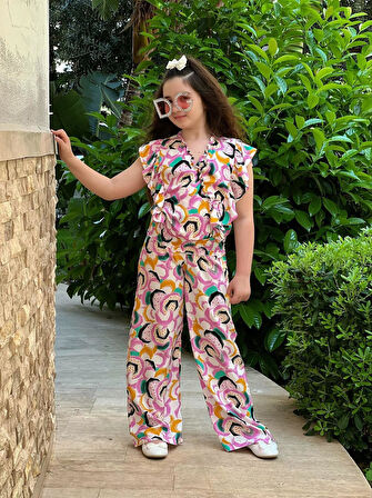 Fırfırlı Gipeli Bluz & Pantalon Kız Çocuk Yazlık Takım