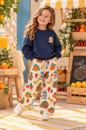 Kız Çocuk Lacivert Sweatshirt ve Meyve Desenli Bol Paça Pantolon 2’li Takım