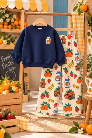 Kız Çocuk Lacivert Sweatshirt ve Meyve Desenli Bol Paça Pantolon 2’li Takım