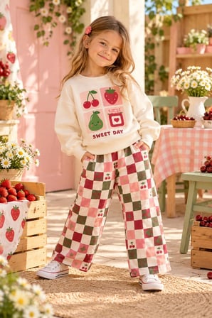 Kız Çocuk Meyve Baskılı Sweatshirt ve Kiraz Desenli Kareli Bol Paça Pantolon 2’li Takım