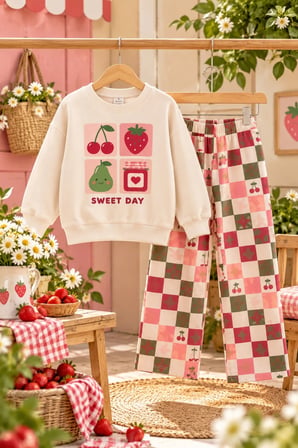 Kız Çocuk Meyve Baskılı Sweatshirt ve Kiraz Desenli Kareli Bol Paça Pantolon 2’li Takım