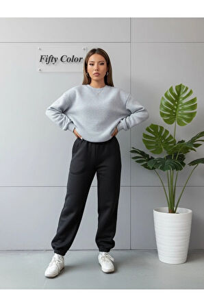 Unisex 2 İplik Şardonlu Kışlık Gri Sweat - Siyah Eşofman Takım Alt-Üst