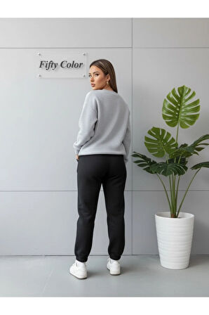 Unisex 2 İplik Şardonlu Kışlık Gri Sweat - Siyah Eşofman Takım Alt-Üst