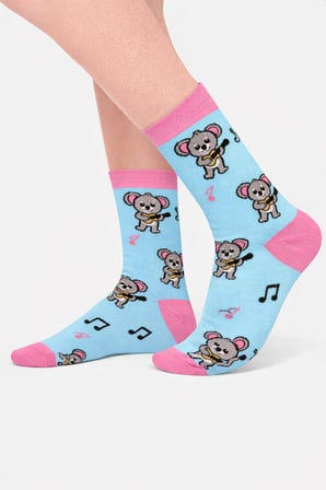 Gitar Çalan Koala Desenli Mint Pembe Unisex Soket Çorap  Açıklama