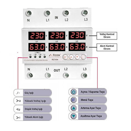 Rcon Rcv 04 Ray Tipi Trifaze Akım Koruyucu Voltaj  Koruyucu 63 A Sigorta