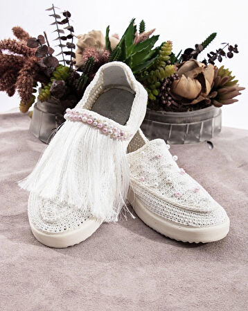 El Dokuması İncili Taşlı Kadın Espadril