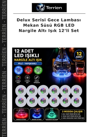Delux Serisi Gece Lambası Mekan Süsü RGB LED Nargile Altı Işık 12’li Set