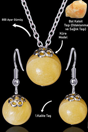 Sertifikalı Küre Model Bal Kalsit Taşı Kolye ve Küpe Seti - Gümüş Aparatlı