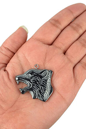 Sertifikalı AAA+ Kurt Model Doğal Taş Hematit Taşı Kolye