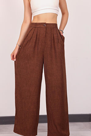 Kadın Kahverengi Pile Detaylı Palazzo Pantolon