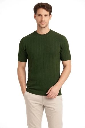 Erkek Yazlık Fitilli Triko Tişört Kısa Kol Bisiklet Yaka TShirt