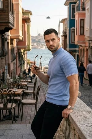 Erkek Fitilli Triko Dokuma Kısa Kol Tişört Yarım Boğaz Modern Yazlık TShirt