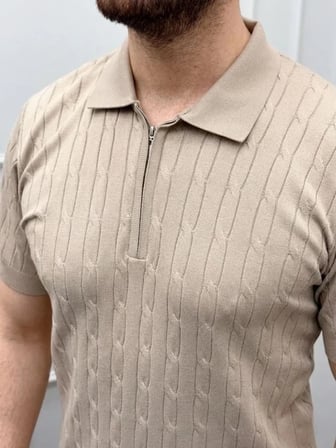 Erkek Yazlık Triko Saç Örgü Tişört Kısa Kol Polo Yaka Fermuarlı TShirt