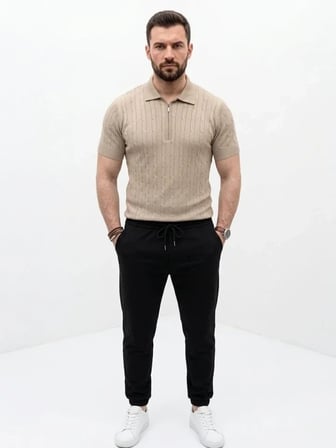 Erkek Yazlık Triko Saç Örgü Tişört Kısa Kol Polo Yaka Fermuarlı TShirt