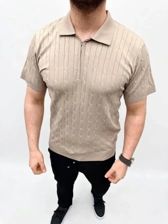 Erkek Yazlık Triko Saç Örgü Tişört Kısa Kol Polo Yaka Fermuarlı TShirt